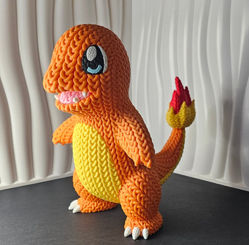 Charmander, Charmeleon & Charizard Figures- 3D Printed Knitted Design - Unique Display Fan Art Collectible