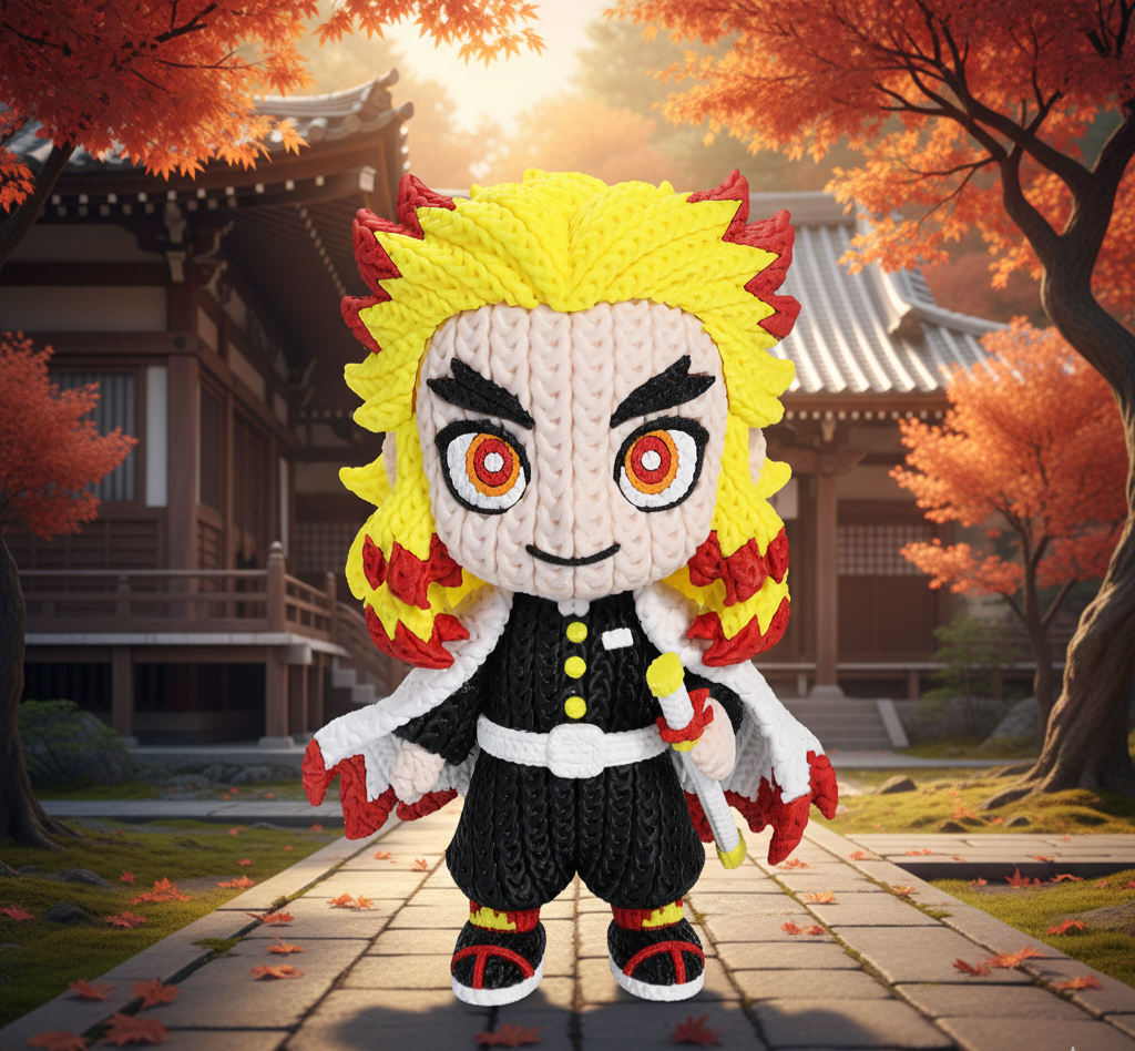 Knitted Design- 3D Printed Rengoku Character Figure- Unique Display Collectible