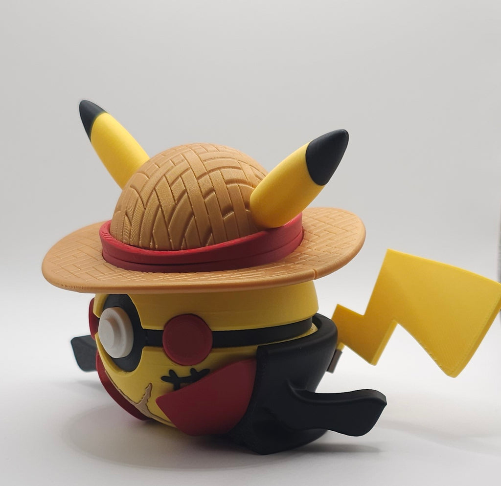 Pokemon Character Design- 3D Printed Pokeball- One piece Luffy inspired Pikachu- Unique Display Collectible