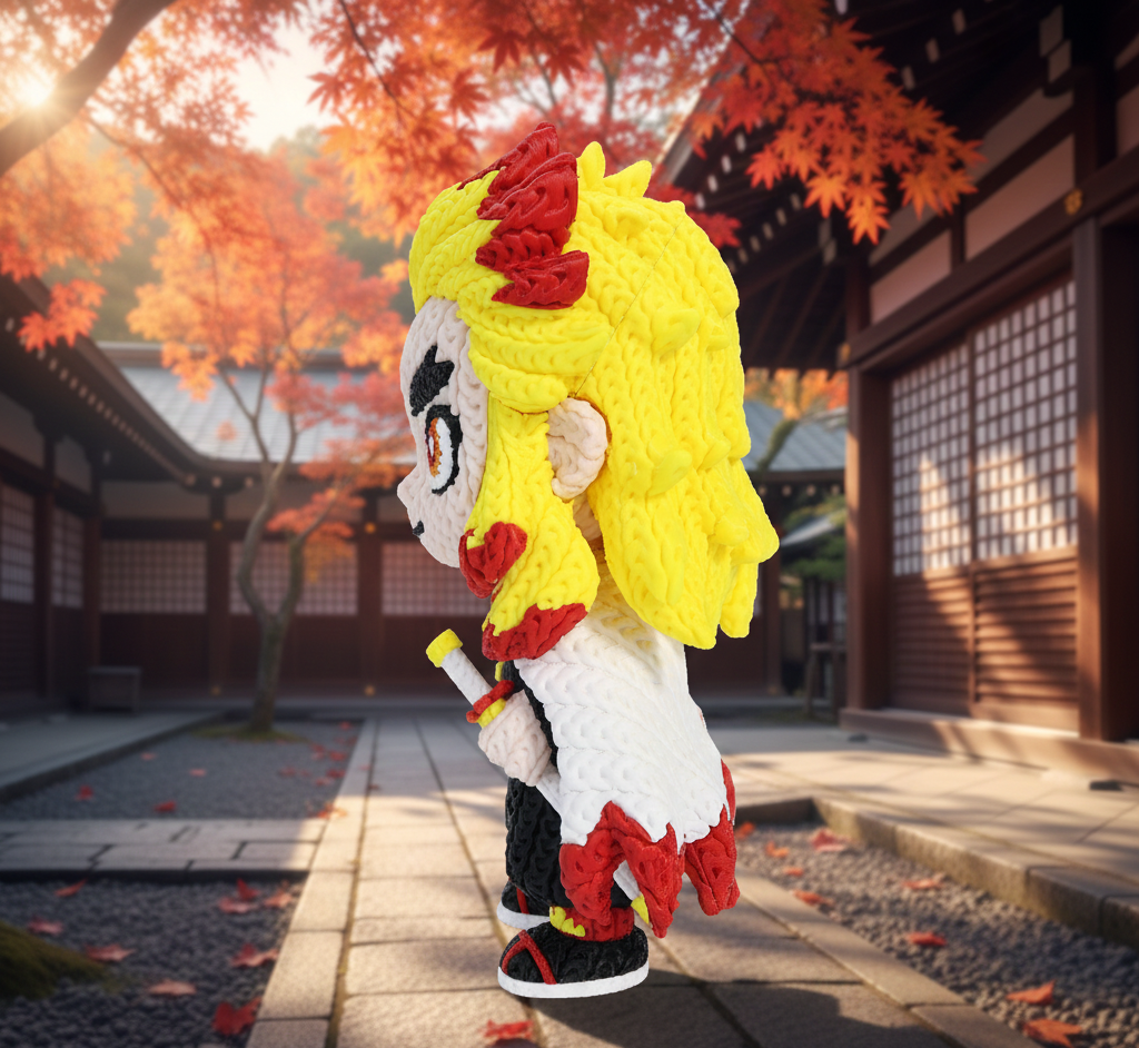 Knitted Design- 3D Printed Rengoku Character Figure- Unique Display Collectible