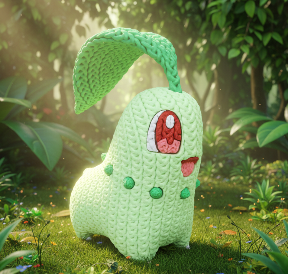 Knitted Design- 3D Printed Chikorita Figure- Unique Display Collectible