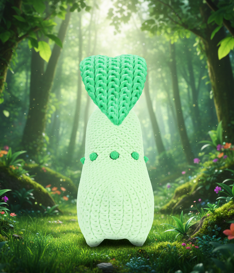 Knitted Design- 3D Printed Chikorita Figure- Unique Display Collectible