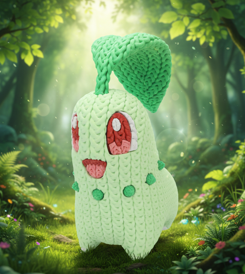 Knitted Design- 3D Printed Chikorita Figure- Unique Display Collectible