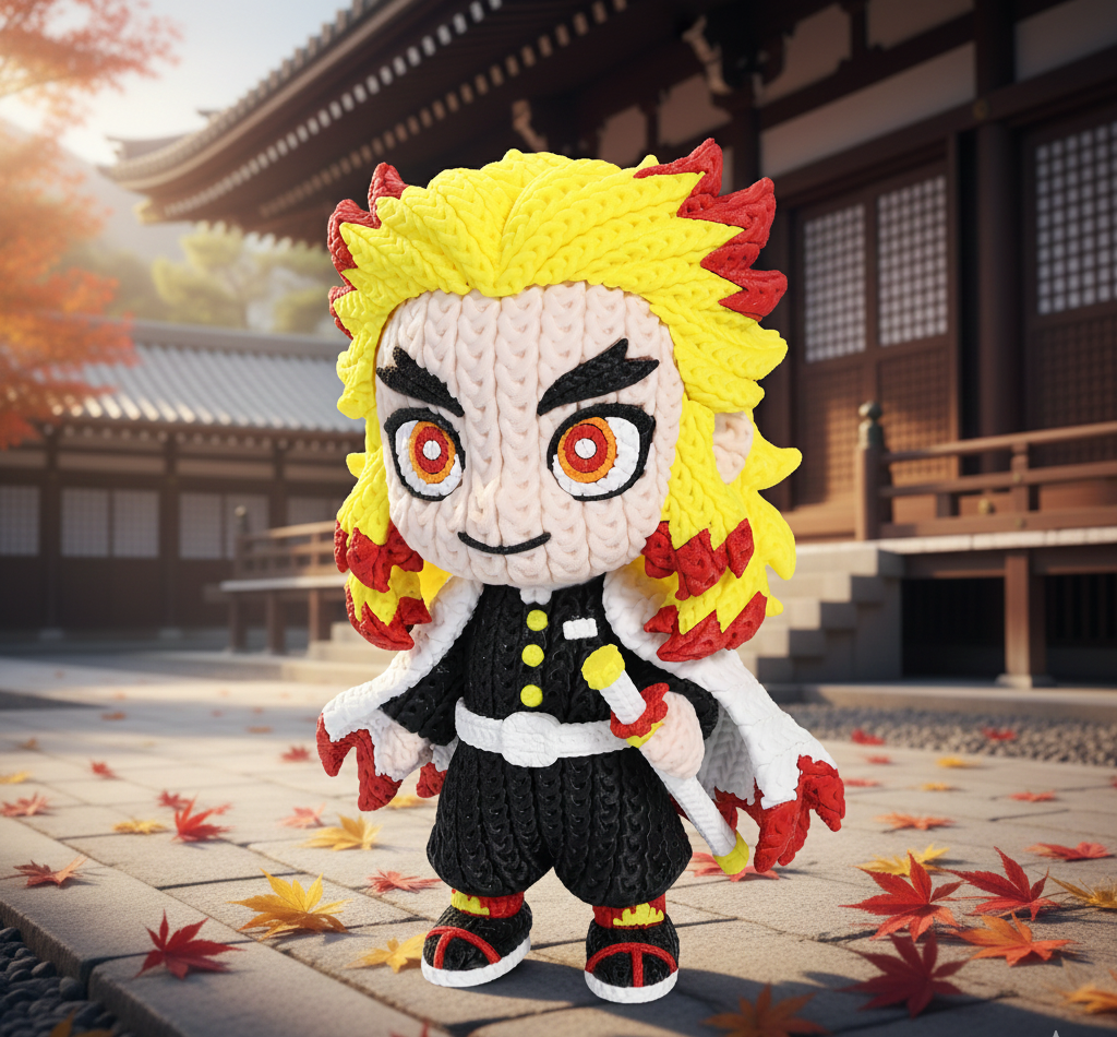 Knitted Design- 3D Printed Rengoku Character Figure- Unique Display Collectible