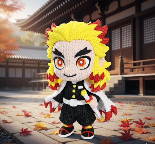 Knitted Design- 3D Printed Rengoku Character Figure- Unique Display Collectible