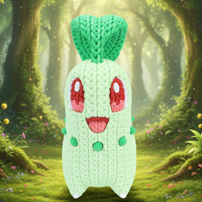 Knitted Design- 3D Printed Chikorita Figure- Unique Display Collectible