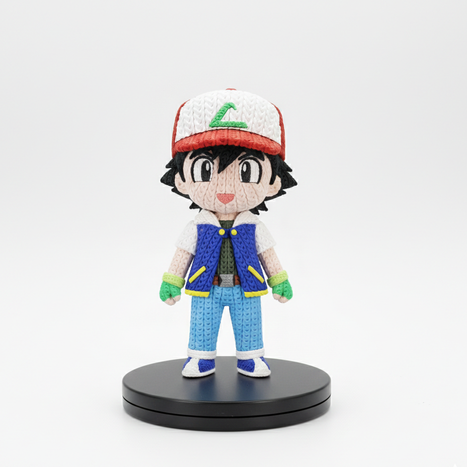 Ash Ketchum Knitted Design- 3D Printed Figure- Unique Display Collectible