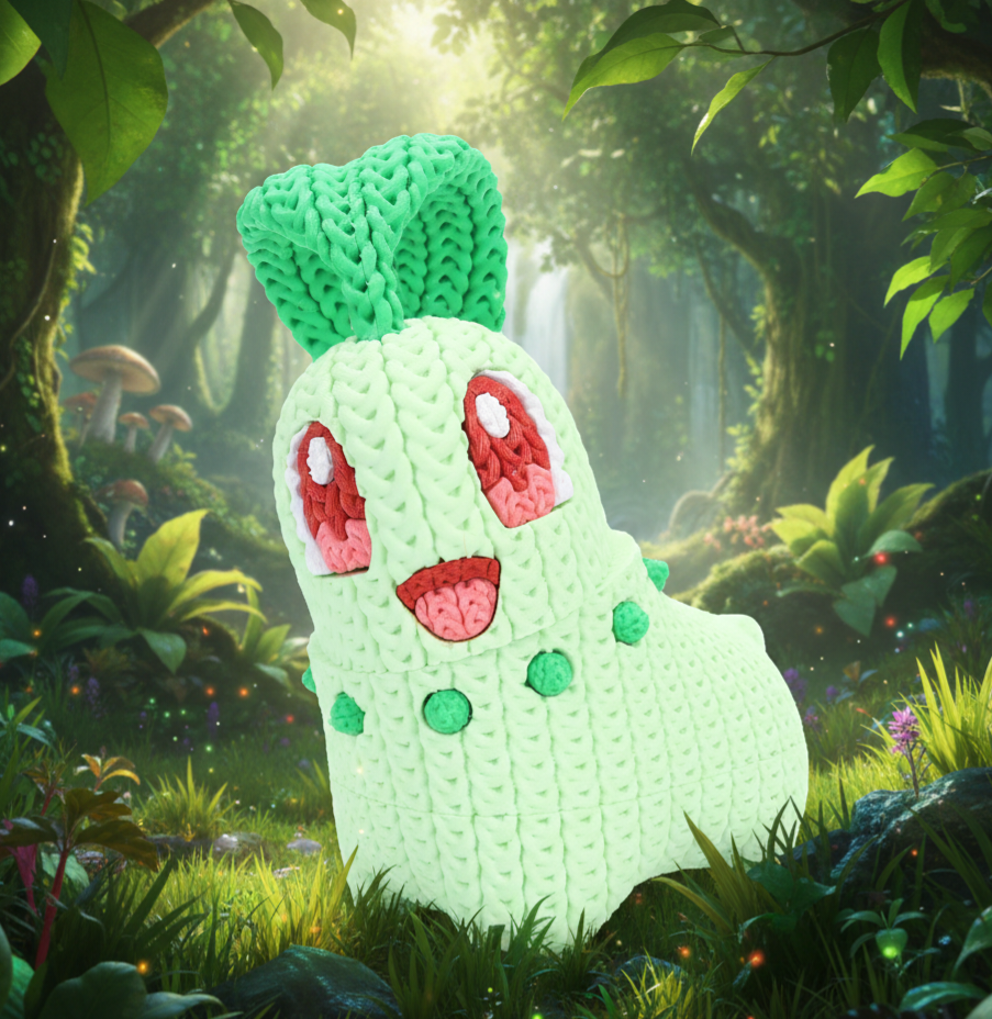 Knitted Design- 3D Printed Chikorita Figure- Unique Display Collectible