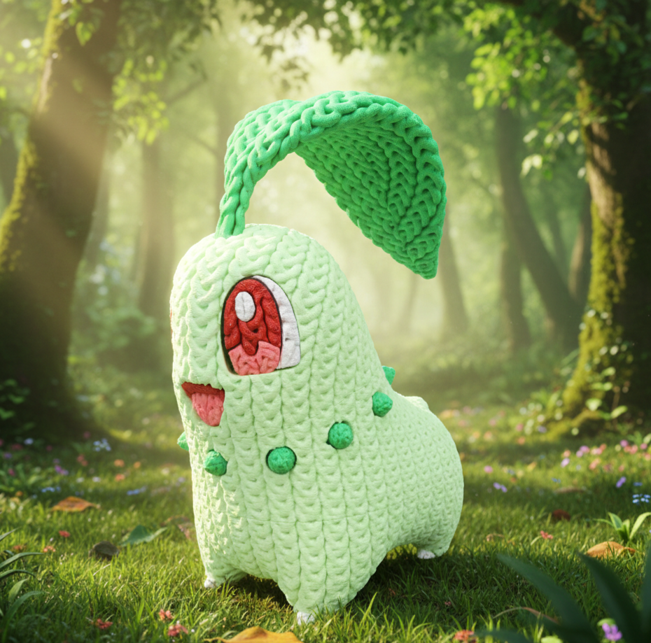 Knitted Design- 3D Printed Chikorita Figure- Unique Display Collectible