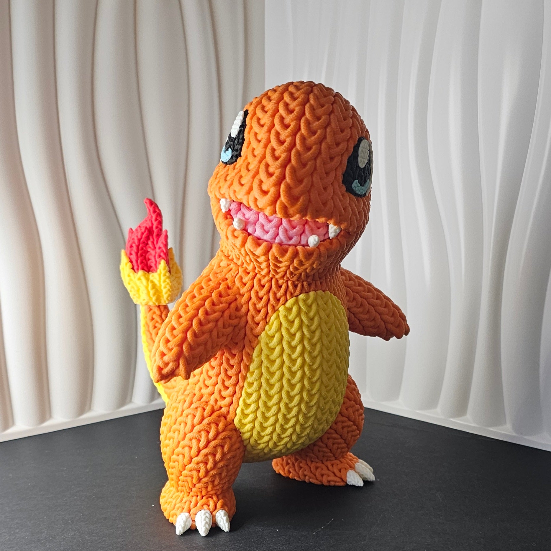 Charmander, Charmeleon & Charizard Figures- 3D Printed Knitted Design - Unique Display Fan Art Collectible