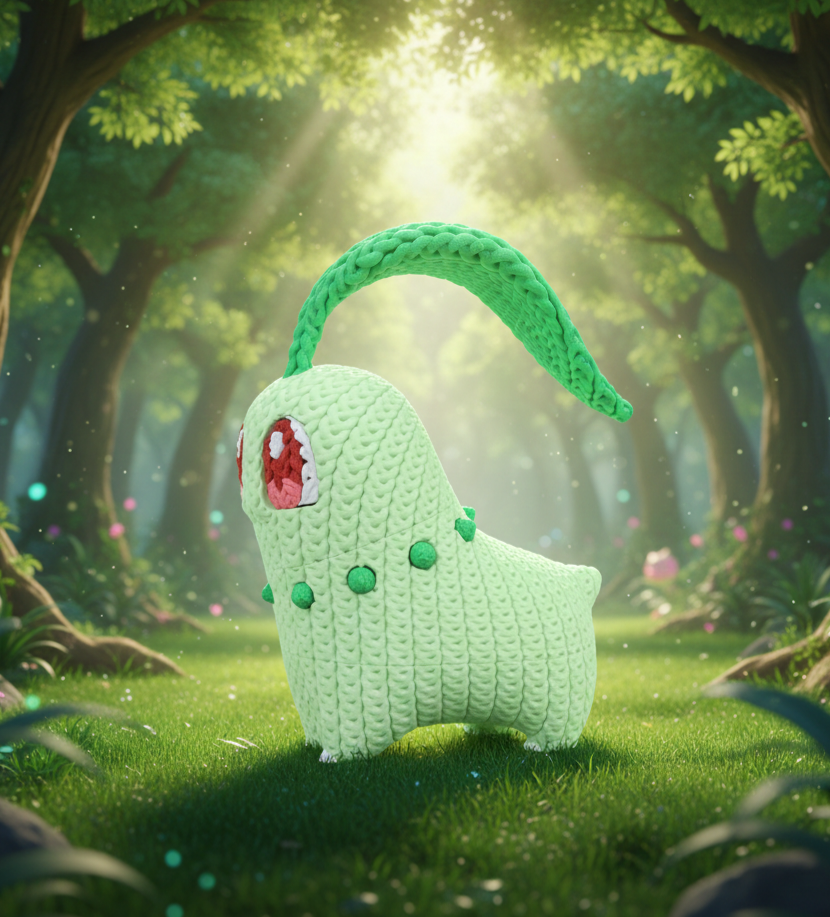 Knitted Design- 3D Printed Chikorita Figure- Unique Display Collectible